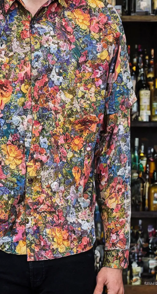 Prompt: close up of max payne floral shirt in a bar, sun shining, photo realistic illustration by greg rutkowski, thomas kindkade, alphonse mucha, loish, norman rockwell.