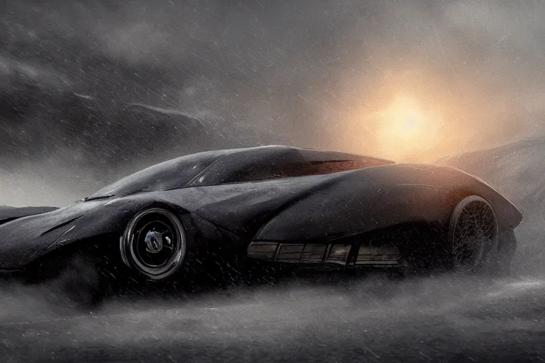 Prompt: the batmobile caught in the flow of time. octane render. 8 k. dark. atmospheric. cinematic. spectacular. sense of awe. mist. strong winds. sunrise. super slowmotion. matte painting painted by sparth and craig mullins