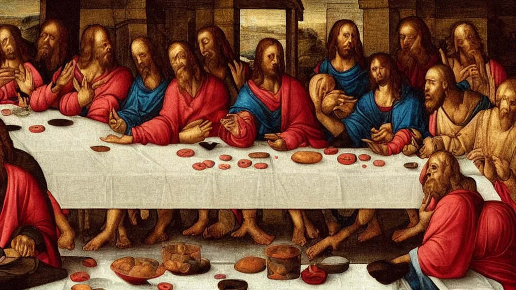 Prompt: Boris!!! Johnson!!! in the ((last supper)) by Leonardo, there is a party in the background and face masks on the table