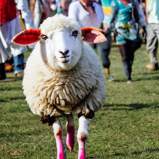 Image similar to a sheep walking in a pair of stilts carnival festival