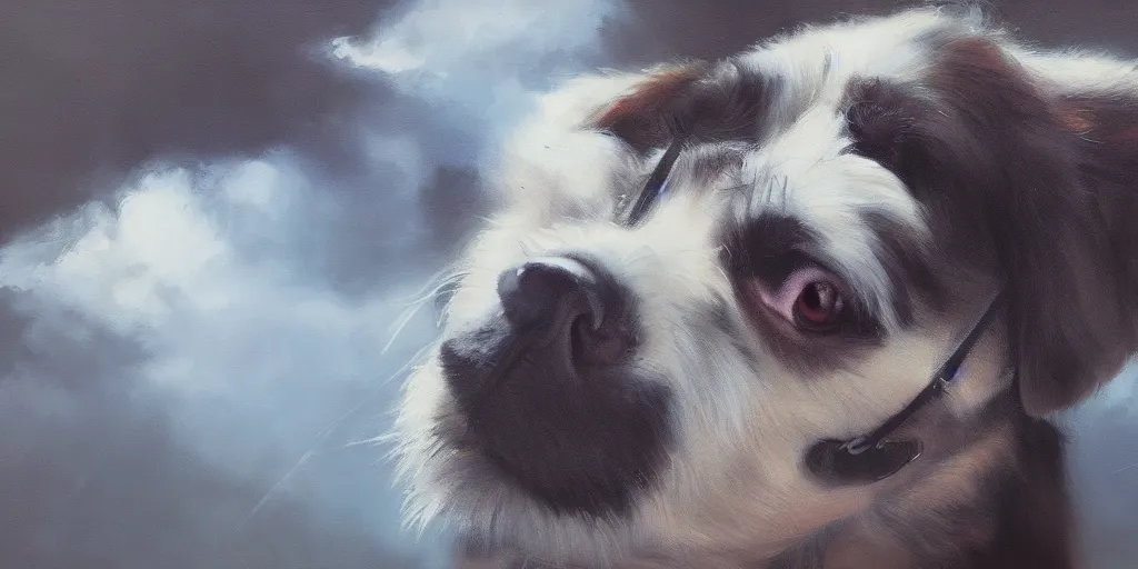 Image similar to a dog, cinematic angle, studio Ghibli, cinematic lighting, detailed oil painting, hyperrealistic, 8k