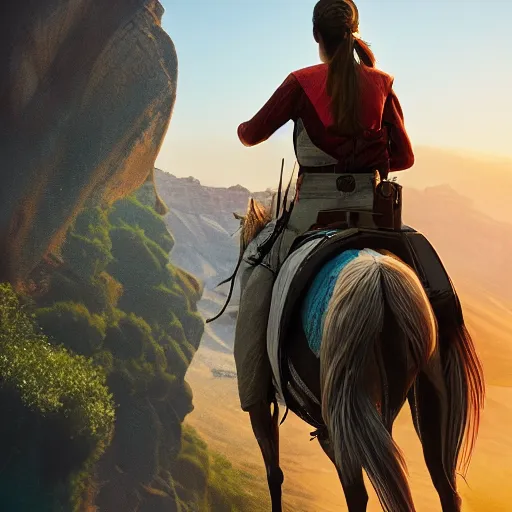 Prompt: spirit, from the spirit movie, with the girl lucky on his back riding next to a canyon into the sunset, movie poster, intricate detail, 8 k, trending on artstation, octane render