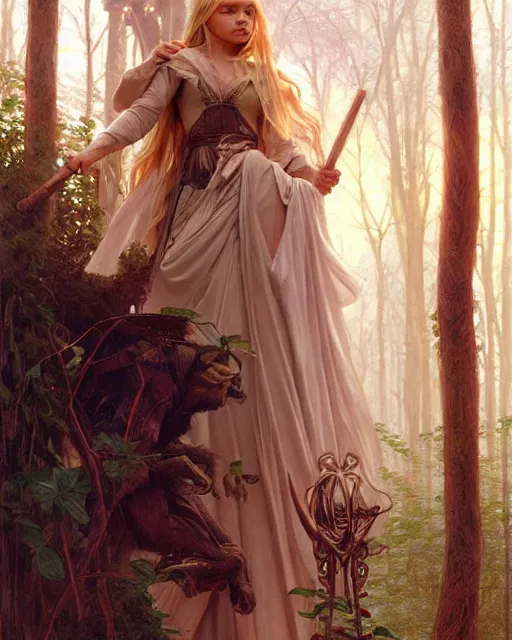 Prompt: young mage chloe grace moretz holing summoning an iron golem, blonde braided hair, forest, heavy cloak and chemise, intricate, elegant, highly detailed, digital painting, artstaion, smooth, sharp, focus, illustration, art by artgerm and greg rutkowski and alphonse mucha