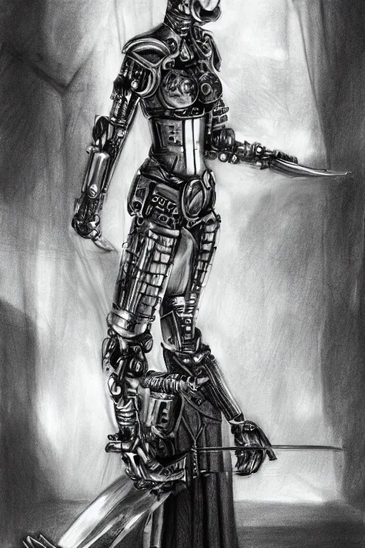 Prompt: pencil drawing, fantasy futurism, medieval female knight with cybernetic implants and modern devices