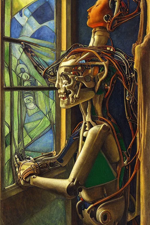 Image similar to the robot wearing her bone crown stands by the window , by Annie Swynnerton and Diego Rivera and Elihu Vedder, symbolist, dramatic lighting, elaborate geometric ornament, Art Brut, soft blues and greens,smooth, sharp focus, extremely detailed, Adolf Wölfli and Evelyn De Morgan