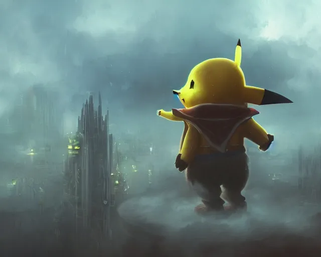 Image similar to legendary pikachu in foggy horizon, megalophobia, steampunk technology, cinematic, highly detailed, smogpunk, scifi, intricate digital painting, interesting angle artstation, by johnson ting, jama jurabaev