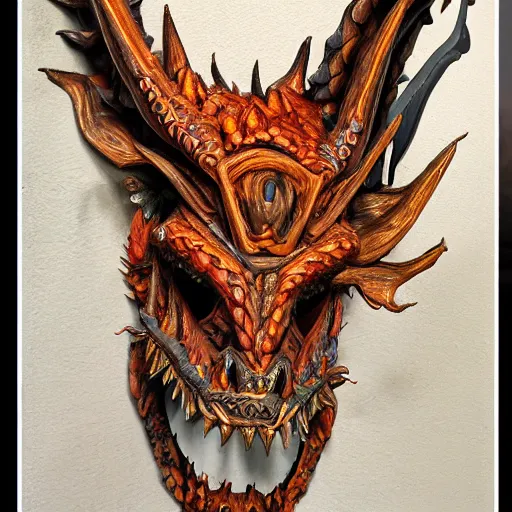 Prompt: a portrait of a dragon made of wood, detailed, fantasy, scary, realistic, frightening, ornate, horns, spikes, fluorescent colors