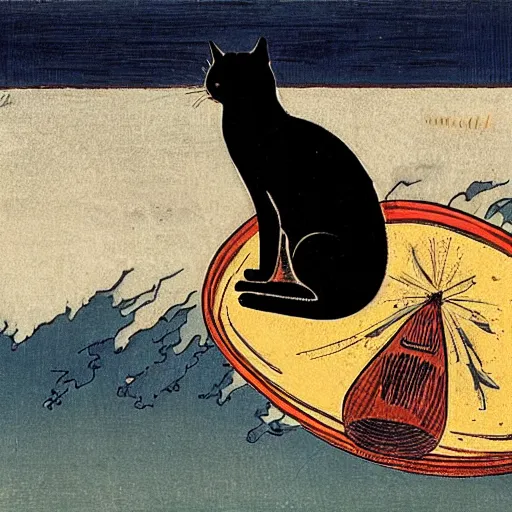 Image similar to a cat sitting on a rocketship headed for the moon made of cheese, by hokusai and george bellows