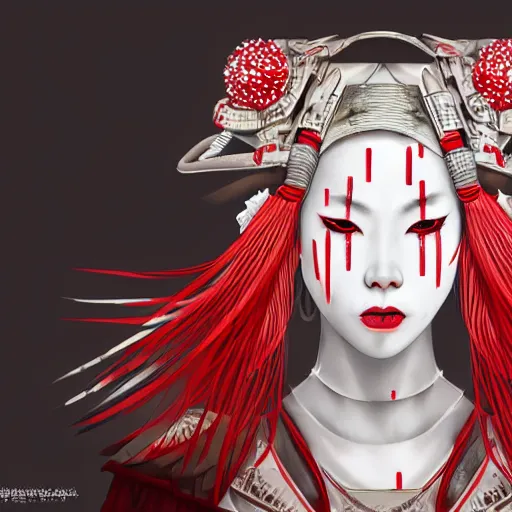 Image similar to albino maiko wearing an armor war paint, award winning photograph, 4 k, red and white neon, concept art, intricate details, highly professionally detailed, cgsociety, highly detailed -