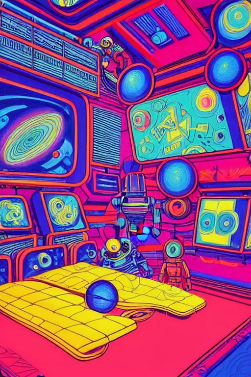 Image similar to a brightly colored drawing of a room with a bed in an 8 0 s art deco international space station, robots, led screens, droids, a detailed painting by lisa frank, james jean, kilian eng, moebius, featured on deviantart, psychedelic art, psychedelic, dmt