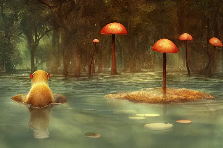 Image similar to Capybara swimming in a lake in a mushroom forest, digital art, psychedelic, by WLOP, by Artgerm, by Greg Rutkowski, volumetrics, octane render