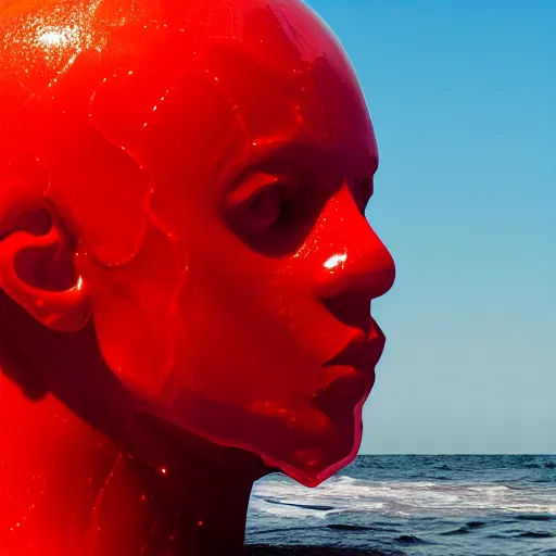 Image similar to a giant human head sculpture in the sea made out of juicy and transparent red jelly, long shot, hyper detailed, hyper realistic, ray tracing, 8 k resolution, sharp focus, realistic water, award winning