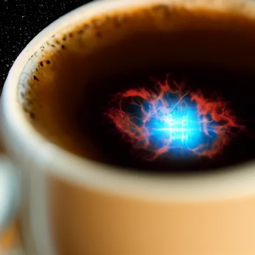 Prompt: photo of a supernova formed inside a cup of coffee, macro lens, high contrast