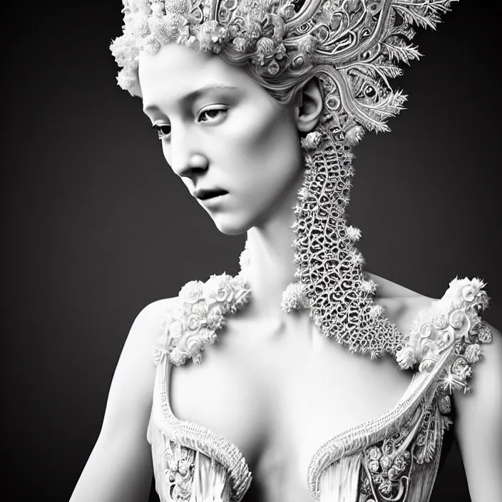 Image similar to photo portrait of a beautiful woman like a queen-ethereal-angel, dressed in long elegant intricate ornamental baroque white dress, intricate fractal highly detailed baroque ornament in the upper side of breast, bust with a very long neck , elegant, highly detailed intricate baroque ornament in her hair, Realistic, Refined, Highly Detailed, Cinematic cold Lighting, fine art photography by Paolo Roversi, volumetric studio lighting, hyper realistic photography