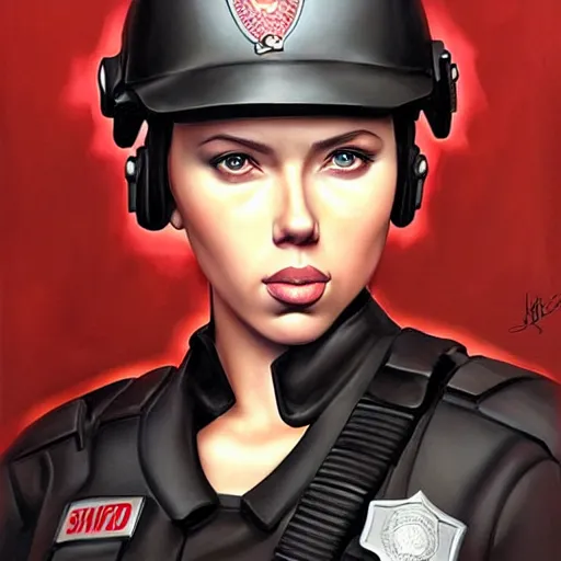 Image similar to scarlet johansson dressed as swat police officer, highly detailed portrait, digital painting, by julie bell, artgerm, ilya kuvshinov