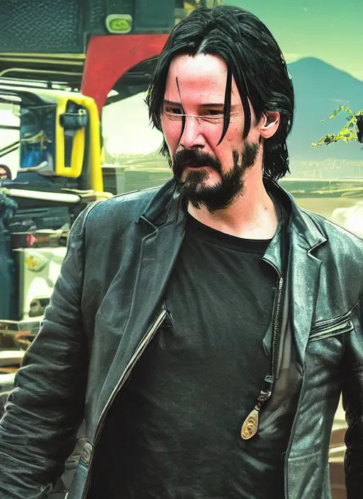 Image similar to solarpunk keanu reeves driving a tractor, cyberpunk 2 0 7 7 wake up samurai, solarpunk, lots of plants, gardening, permaculture, anarchy, realistic, ultra detailed