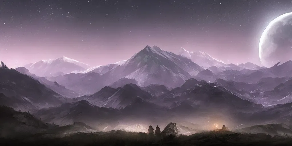 Prompt: large mountains in the distance, moon in the night sky, landscape wallpaper, d&d art, fantasy, painted, 4k, high detail, sharp focus, artstation