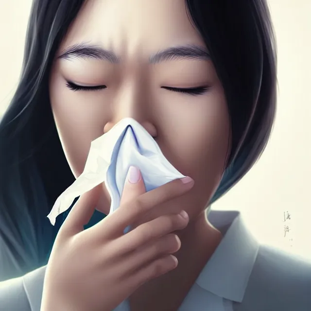 Prompt: epic professional digital portrait art of Asian female lawyer with a cold blowing her nose, best on artstation, cgsociety, wlop, Behance, pixiv, astonishing, impressive, outstanding, epic, cinematic, stunning, gorgeous, much detail, much wow,, masterpiece.