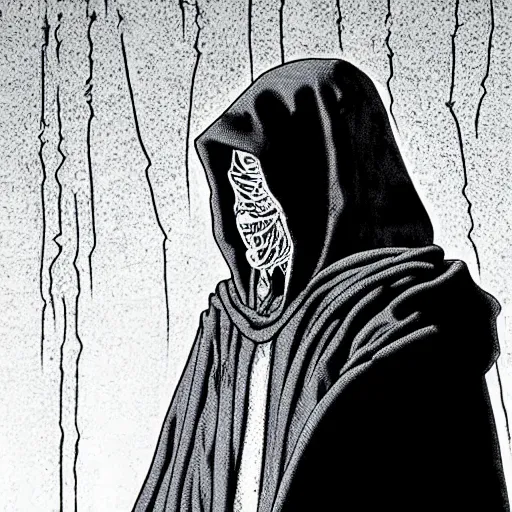 Prompt: a hooded man in a cracked porcelain mask, junji ito,