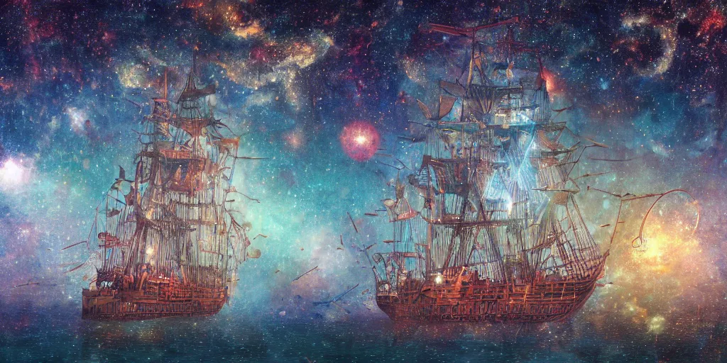 Prompt: a lone giant steampunk tall - ship made of wrought - iron sailing through nebulae, gossamer woven sails and surrounded by millions of stars, bokeh, ray tracing, hyperrealistic digital painting, colorful masterpiece by studio ghibli