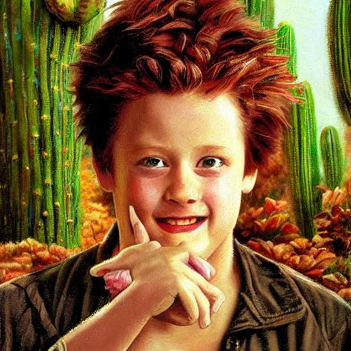 Prompt: realistic portrait beautiful painting from scene of home alone 2 when main character mutate into a cactus mutant. horror, created by thomas kinkade and michaelangelo,.