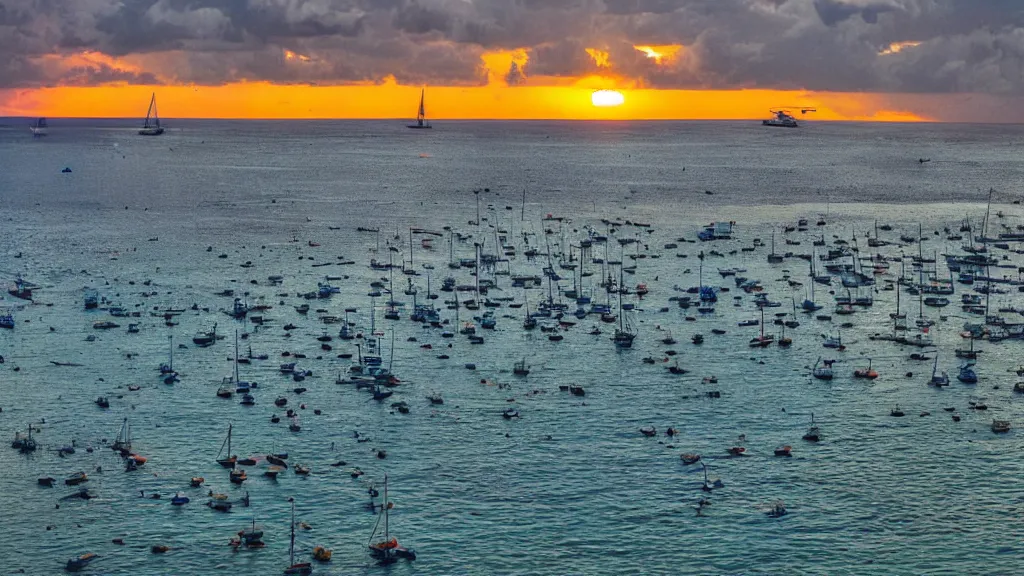 Image similar to sunset on caraibes, some boats, a few birds in the sky, sharp focus, photography 35 mm lens, paisible night lighting, incredible art photo shot