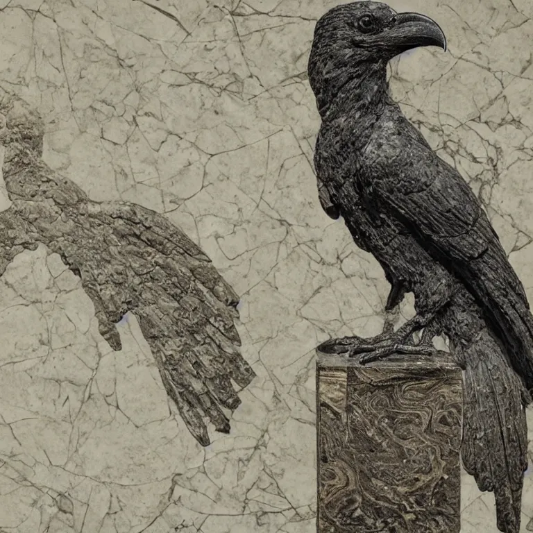 Image similar to photo of a intricately detailed marble statue of raven bird by leonardo davinci