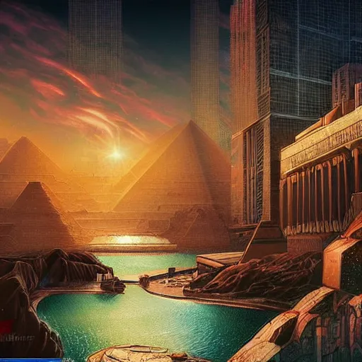 Image similar to ancient egypt cityscape in the space with waterfalls, retrowave epic art, trending on art station