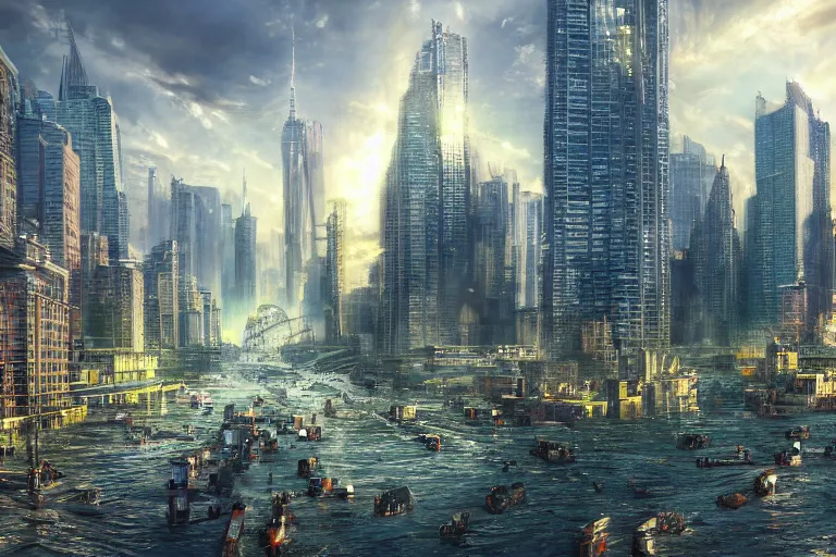 Prompt: an epic view photo of a sprawing far-future flooded ecotopia Manhattan metropolis, with shiny glass buildings, and canal streets with gondolas and other boats, sparkling water, beautiful, dynamic lighting, atmospheric, highly detailed, cinematic establishing shot