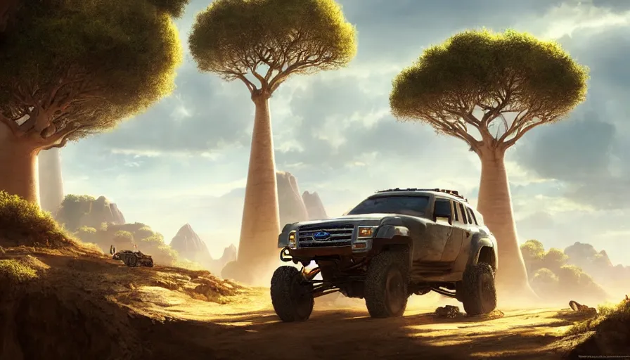 Prompt: an offroad suv designed by ford driving through madagascar with baobabs trees, artgerm and greg rutkowski and alphonse mucha, an epic fantasy, volumetric light, detailed, establishing shot, an epic fantasy, trending on art station, octane render, midsommar