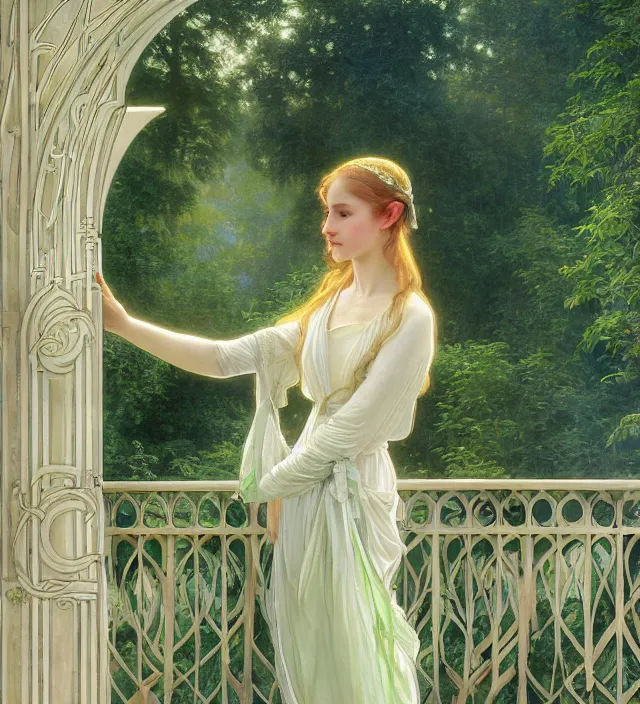 Prompt: intricate oil painting of a young elf woman wearing white and light green, looking out at the sunrise over rivendell from her art nouveau balcony, elegant, digital painting, smooth, sharp focus, illustration, ultra realistic, 8 k, by bouguereau, alphonse mucha, artgerm, and donato giancola