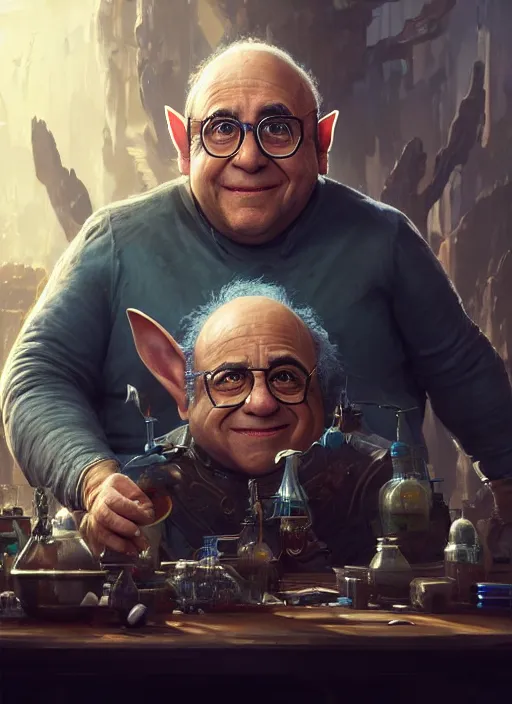 Prompt: Portrait of Danny Devito biopunk scientist with elven ears, He is working on trinkets on a table, realistic, detailed, 4k by Greg Rutkowski Mark Arian trending on artstation