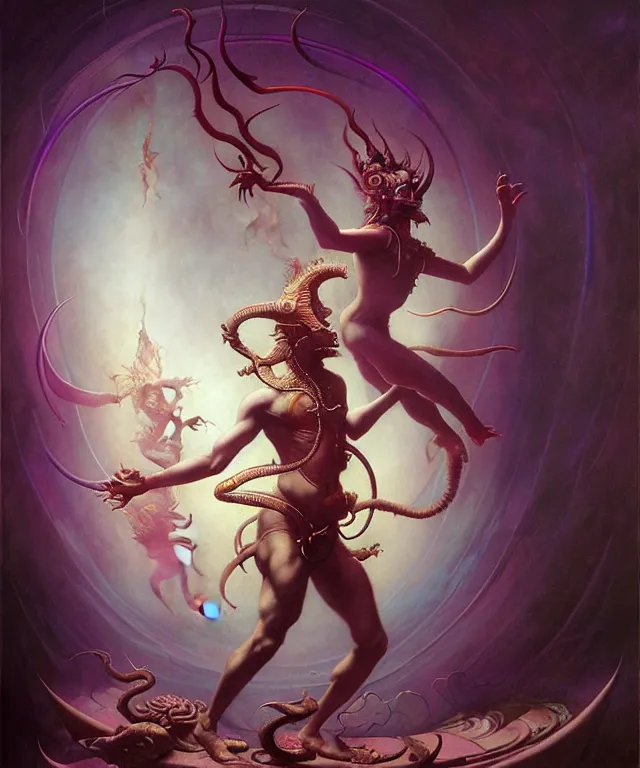 Image similar to shiva dancing in a futuristic holographic displays in the style of peter mohrbacher, wayne barlowe, gustav moreau, bussiere, roberto ferri, santiago caruso, luis ricardo falero, austin osman spare,