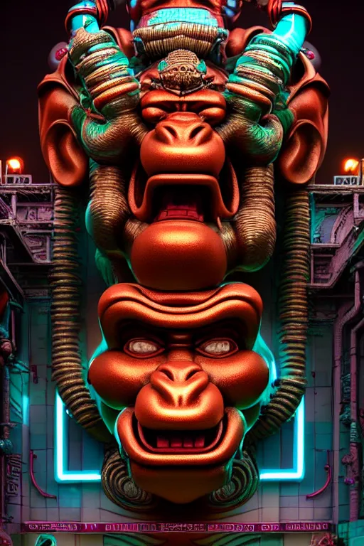 Image similar to high quality 3 d render post - rococo cyberpunk hanuman! head building, neon madhubani, open mouth, highly detailed, in sci - fi mumbai, cinematic smooth unreal engine, lee madgwick & liam wong, dramatic light, low angle, uhd 8 k, sharp focus