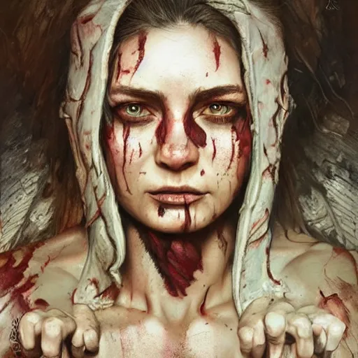 Prompt: portrait painting of a muscular bloodied tribal girl butcher, tattooed, ultra realistic, concept art, intricate details, eerie, highly detailed, photorealistic, octane render, 8 k, unreal engine. art by artgerm and greg rutkowski and alphonse mucha