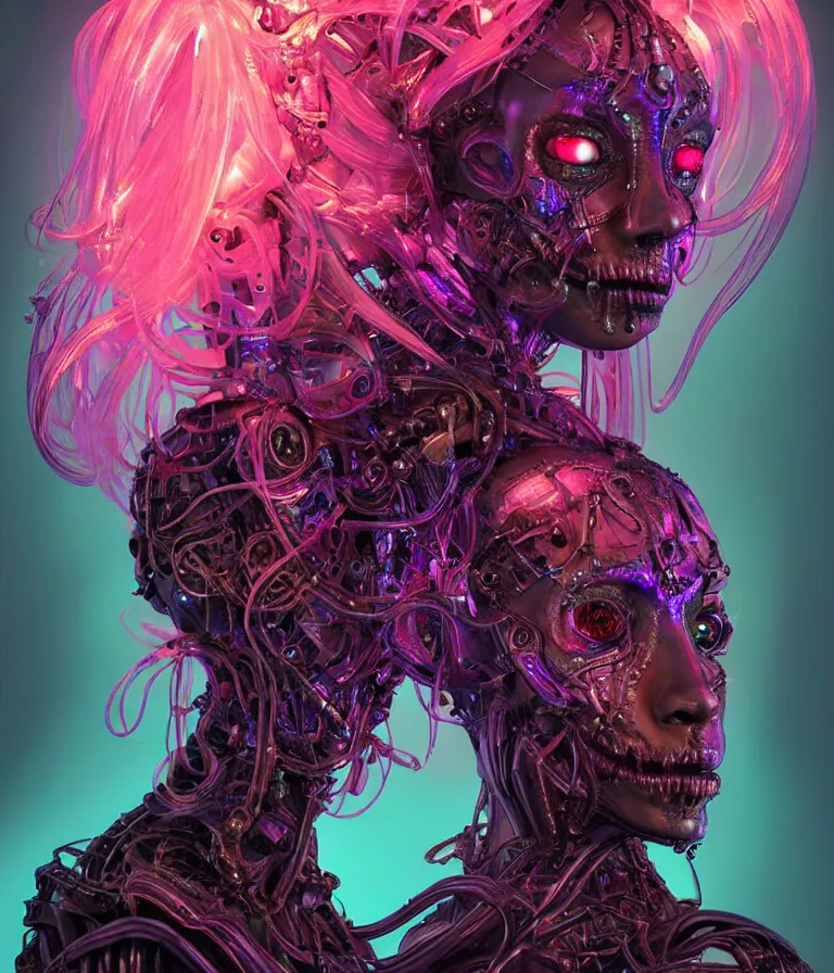 Image similar to fully symmetrical centered iridescent portrait of a beautiful princess demon in robe. skulls artificial muscles, ribcage, bones, hard surface modelling. cyberpunk look. biomechanical mask. bio luminescent biomechanical halo around head. neon jellyfish. artwork by jarold Sng by artgerm, by Eddie Mendoza, by Peter mohrbacher by emil melmoth, by zdzislaw beksinski, unreal engine, octane render, cinematic light, high details, iridescent colors, dichroic, macro, depth of field, blur