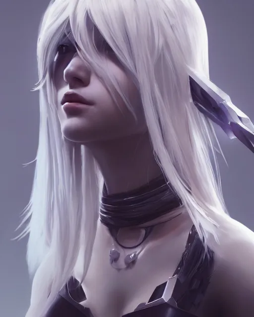 Image similar to league of legends portrait of 2 b nier automata, au naturel, hyper detailed, digital art, trending in artstation, cinematic lighting, studio quality, smooth render, unreal engine 5 rendered, octane rendered, art style by klimt and nixeu and ian sprigger and wlop and krenz cushart.