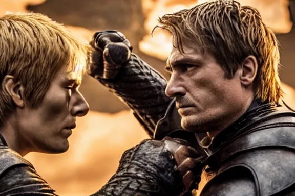 Image similar to very very intricate photorealistic photo of jaime lannister fighting cersei, photo is in focus with detailed atmospheric lighting, award - winning details