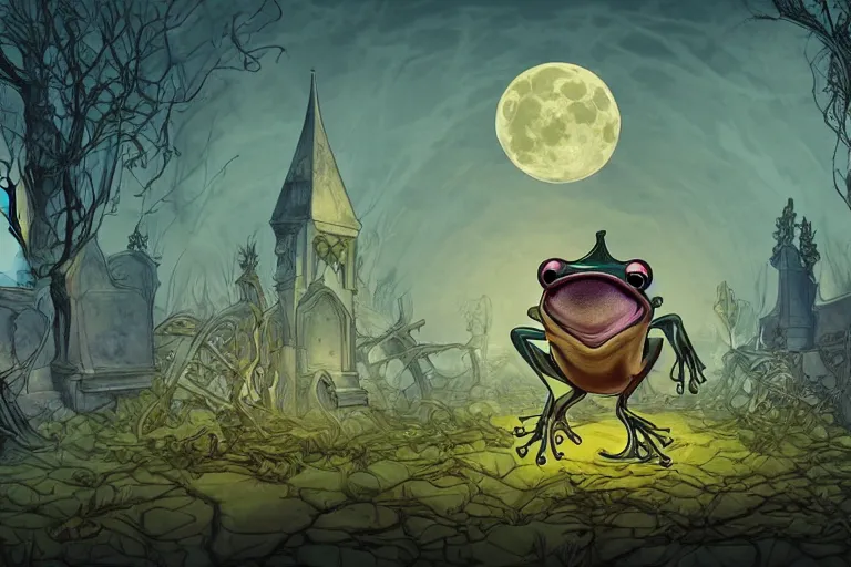 Prompt: an ultra detailed animation of a cartoon frog in a graveyard at midnight on halloween, digital art, dark fantasy, concept art, soulslike, by alphonse mucha, blood moon eclipse, ruined building in the background, artstation, 8 k, unreal engine render