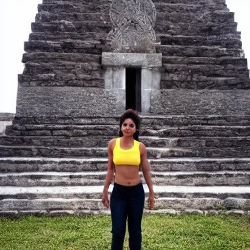 Image similar to a beautiful, attractive 25 year old latina stands on top of a mystic temple