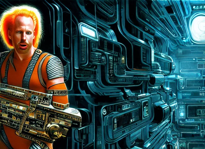 Image similar to matt walsh in the fifth element, far future, highly detailed, trending on artstation, intricate, cinematic composition, by rutkowski