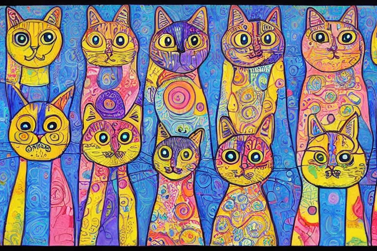 Image similar to beautiful art illustration of a group of cats by laurel burch, highly detailed