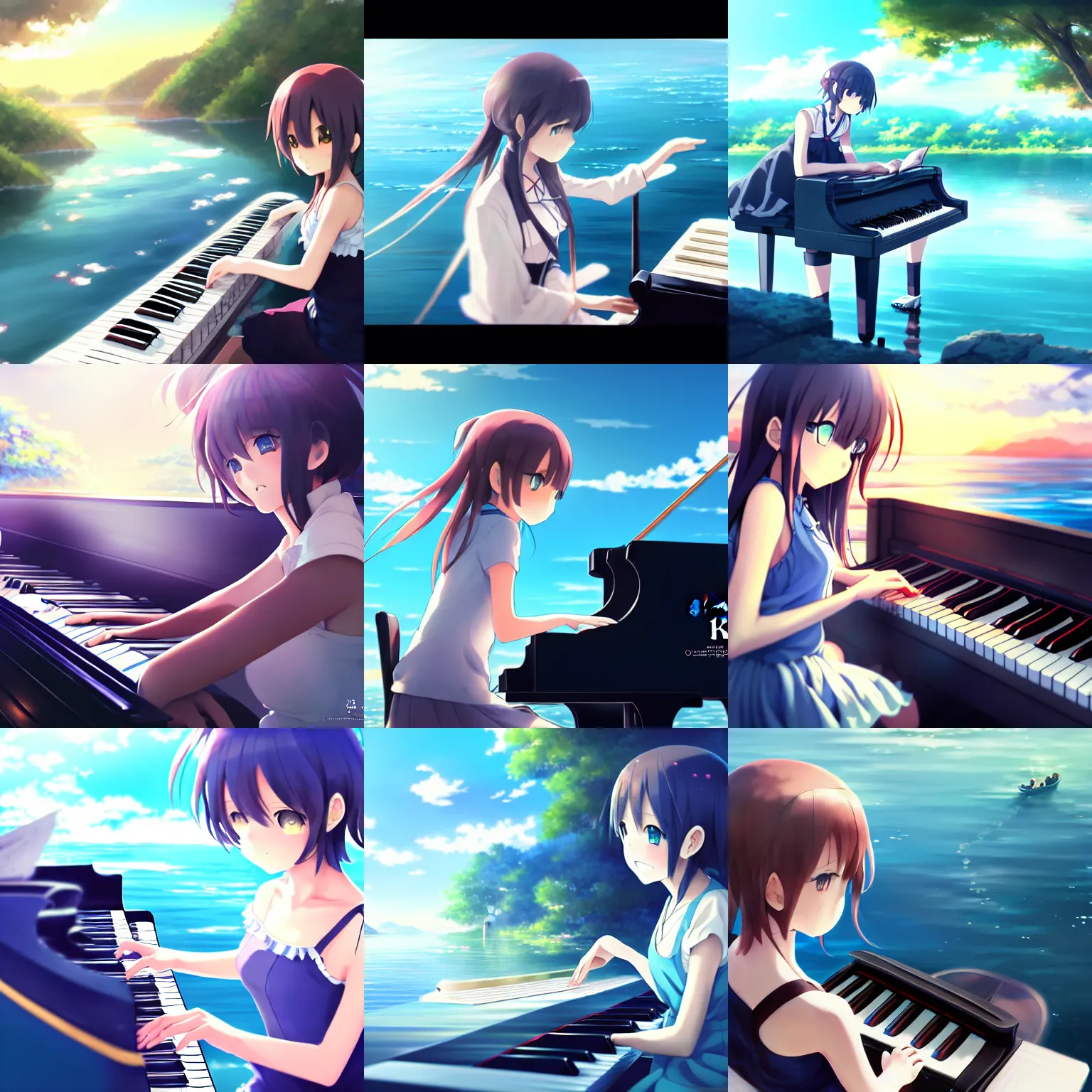 Prompt: Anime girl playing piano on blue water, long!! distance camera, wide angle, landscape, Cushart Krenz, Shinkai Makoto, lots of details, extremely detailed, 4k