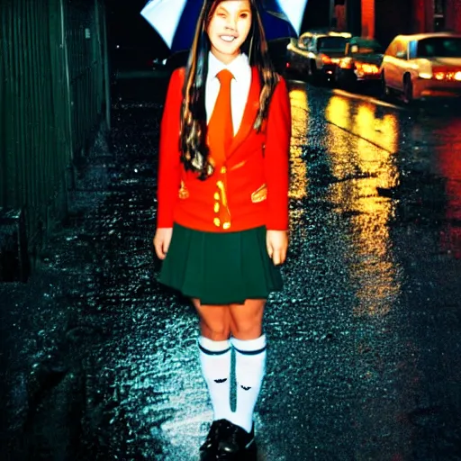 Prompt: night flash portrait photography of a high school girl in catholic school uniform on the lower east side by annie leibovitz, colorful, nighttime!, raining!