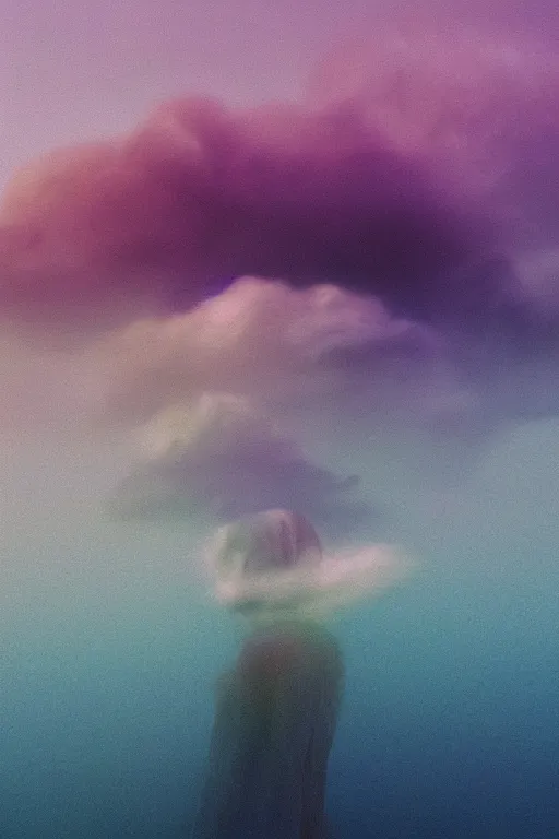 Image similar to high quality pastel coloured film close up wide angle photograph of a model wearing clothing swimming on cloud furniture in a icelandic black rock!! environment in a partially haze filled dreamstate world. three point light, rainbow. photographic production. art directed. pastel colours. volumetric clouds. pastel gradient overlay. waves glitch artefacts. extreme facial clarity. 8 k. filmic.