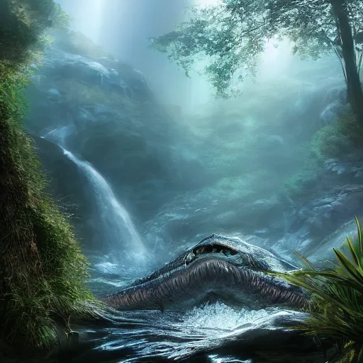 Image similar to photorealistic fantasy concept art of a sea monster swimming near a waterfall foggy forest, dynamic lighting, cinematic, ray tracing, sun rays, majestic