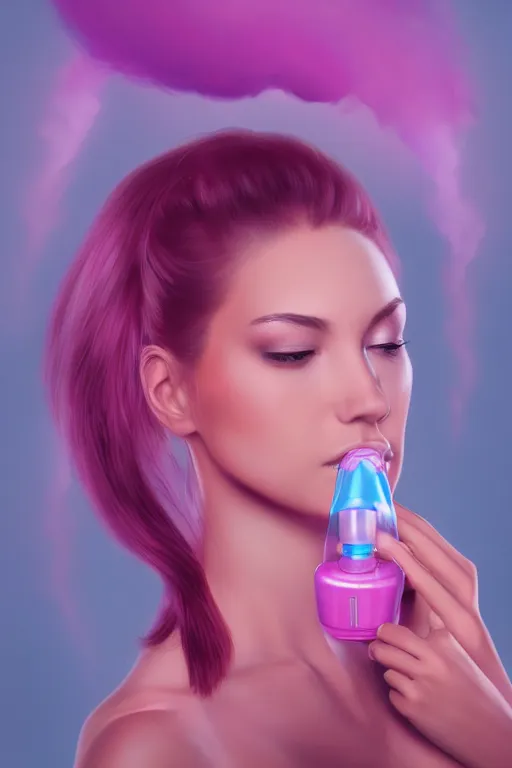 Prompt: Woman Breathing Through a Pink Vapor Inhaler, side view, fantasy, magic, ultra detailed, digital art, trending on artstation, illustration