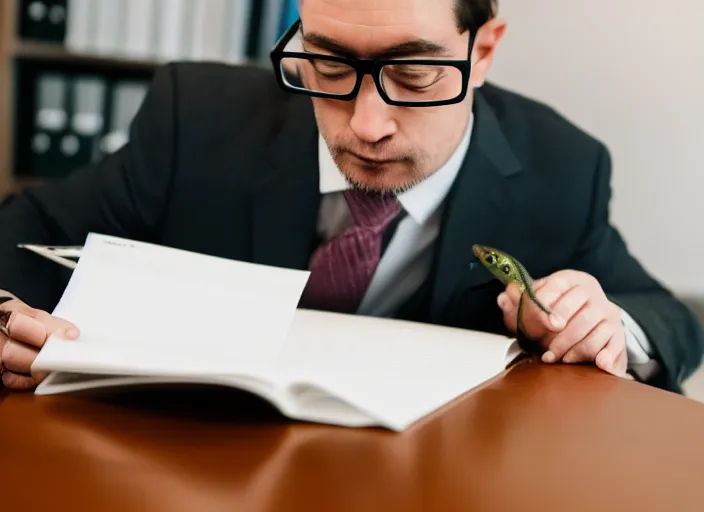 Prompt: photo of a real lizard in a suit and glasses, reading a document at a desk in an office. Highly detailed 8k. Intricate. Sony a7r iv 55mm. Award winning.