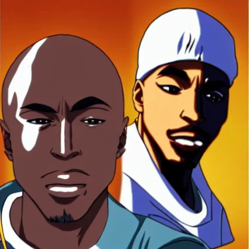 Image similar to Tupac Shakur, screenshot from a 2012s anime