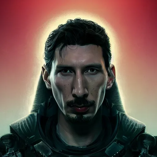 Image similar to adam driver portrait, dystopia core, apocalyptic, armor, warrior, dramatic, sharp focus, fiction, neon, fantasy, hyper detailed, digital art, trending in artstation, cinematic lighting, studio quality, smooth render, unreal engine 5 rendered, octane rendered, art style and nixeu and wlop and krenz cushart